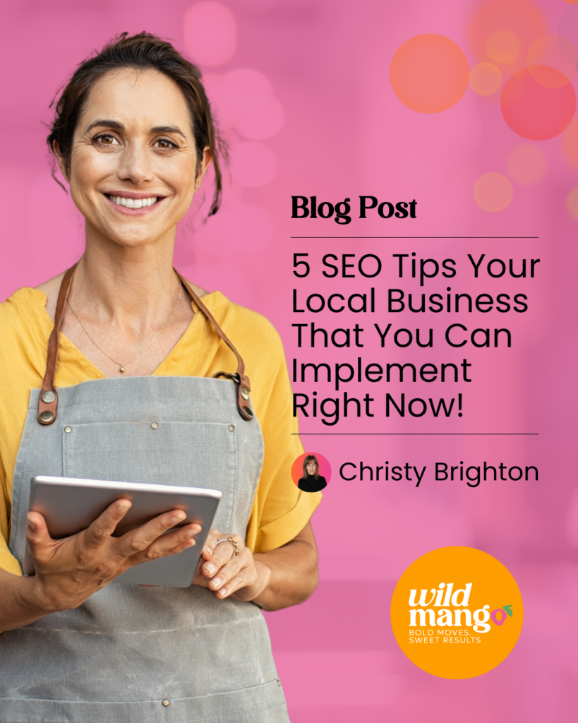 Female shop owner equipped with tablet and apron | 5 SEO Tips Your Local Business That You Can Implement Right Now! | Wild Mango Marketing | BLOG POST