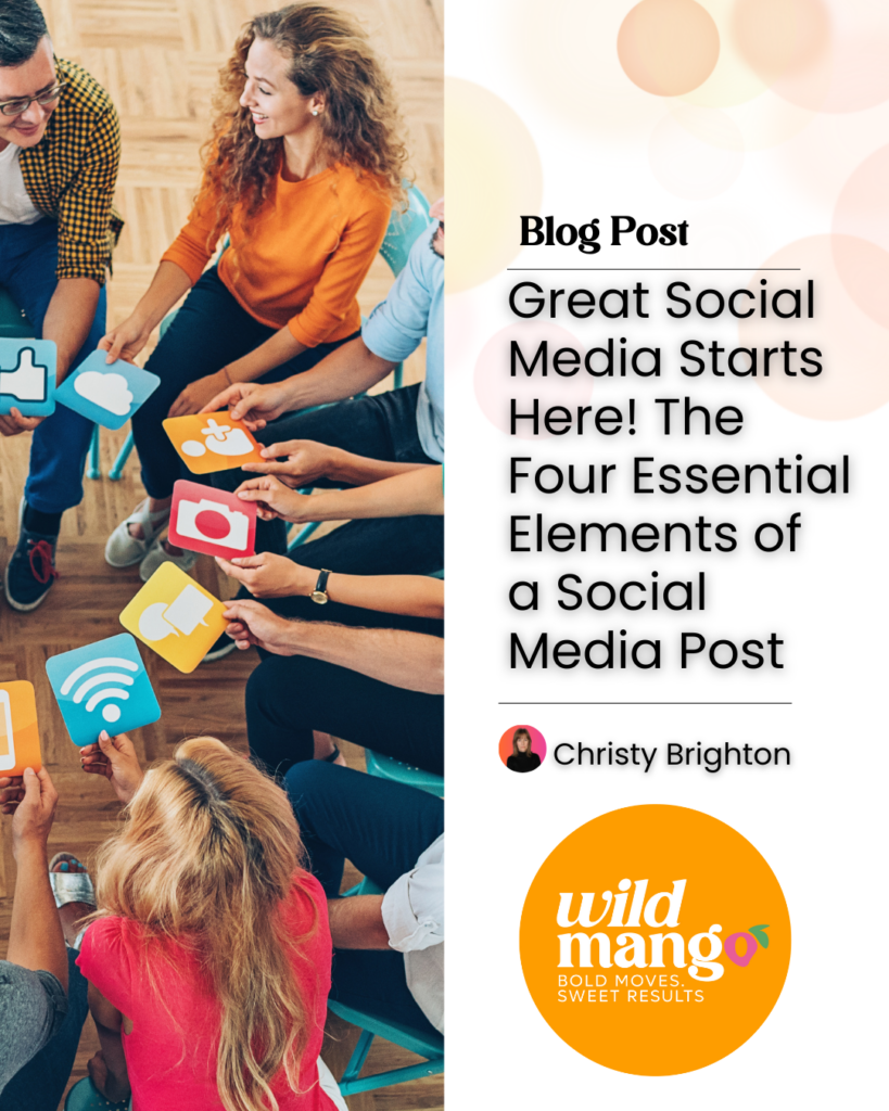 Group of people sitting in circle holding cards with social media icons | Great Social Media Starts Here! The Four Essential Elements of a Social Media Post | Wild Mango Marketing | BLOG POST