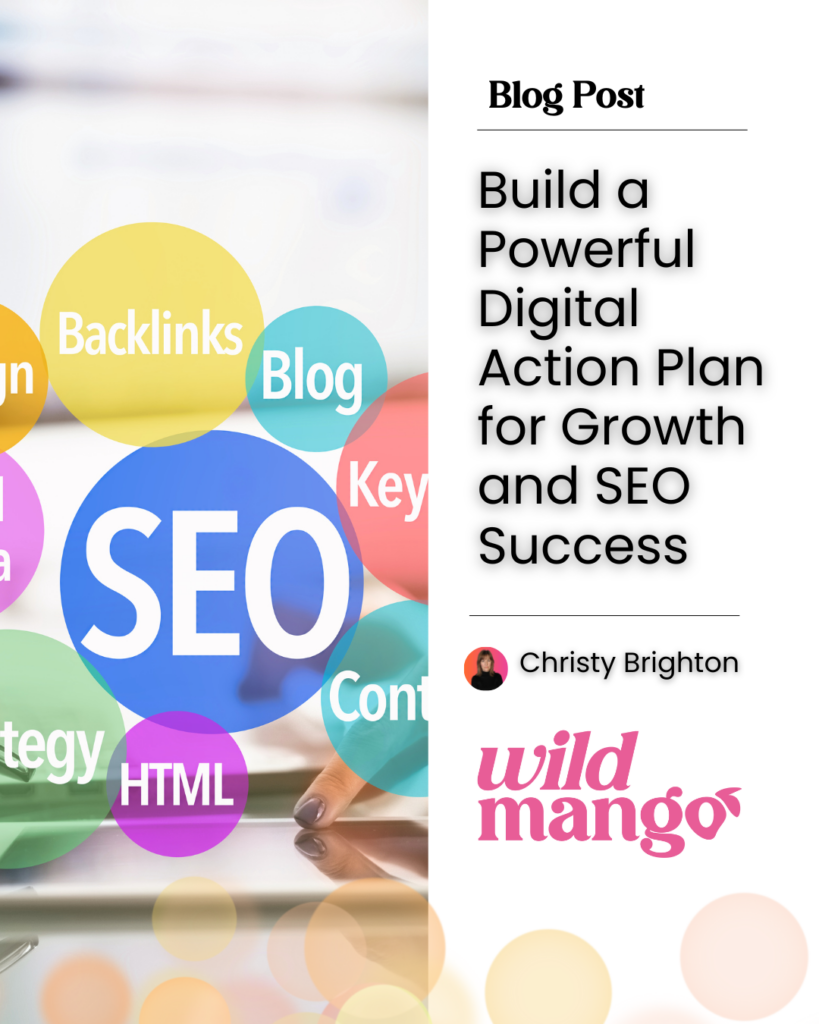 Colourful circles filled with words like, SEO, blog, HTML, etc | Build a Powerful Digital Action Plan for Growth and SEO Success | Wild Mango Marketing | BLOG POST