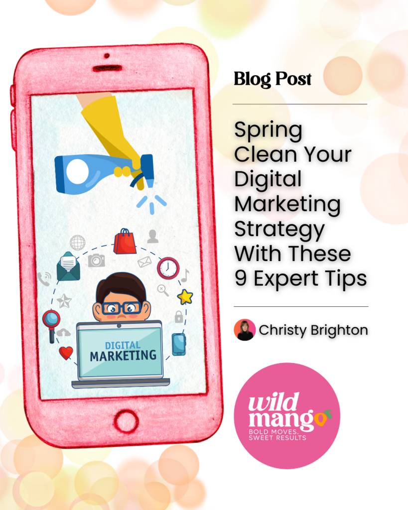 Smart phone with graphic of person on laptop | Spring Clean Your Digital Marketing Strategy With These 9 Expert Tips | Wild Mango Marketing | BLOG POST