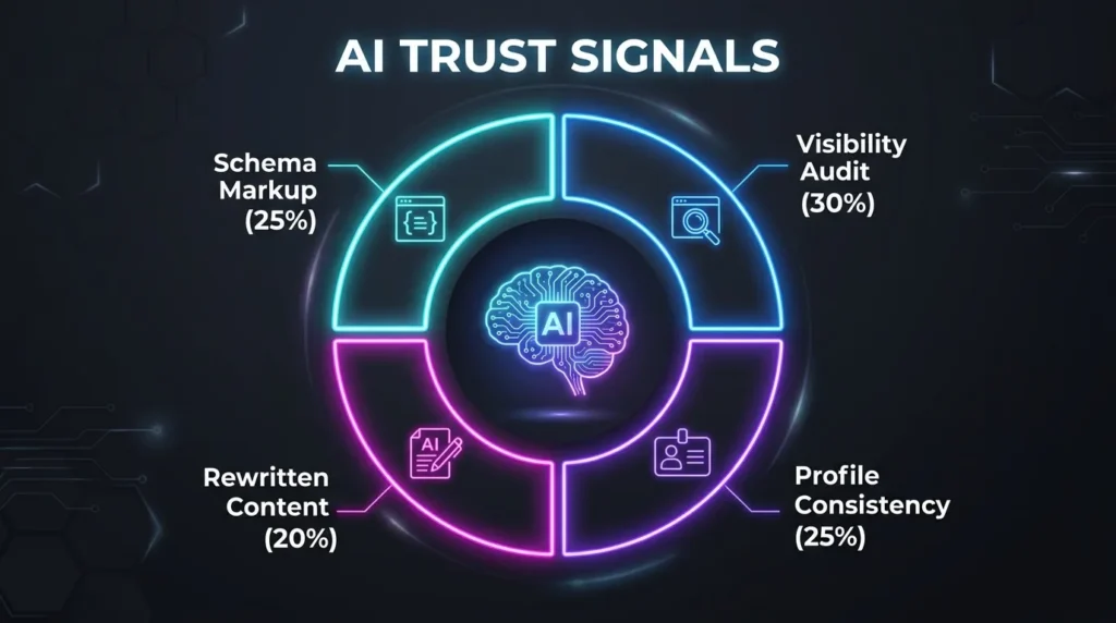 AI TRUST SIGNALS' displaying four quadrants around a central glowing AI brain icon: Visibility Audit (30%), Schema Markup (25%), Profile Consistency (25%), and Rewritten Content (20%)
