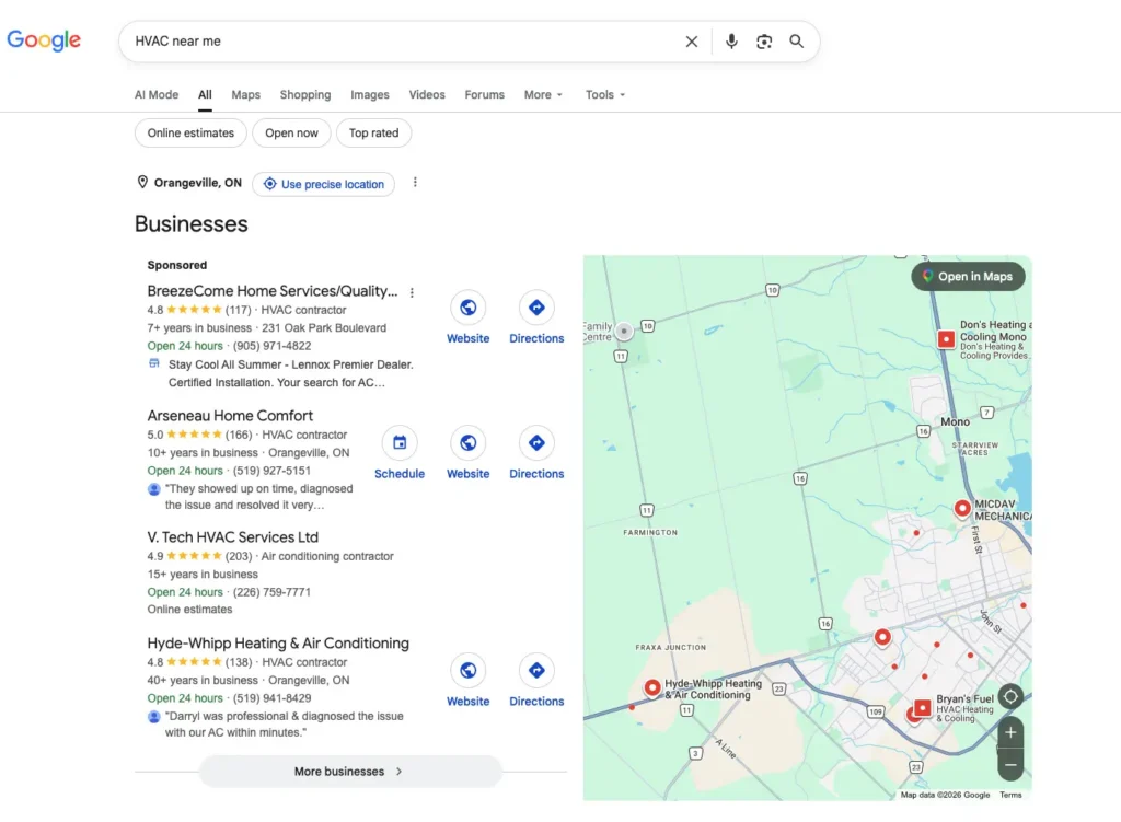Image of Orangeville Plumbers in the Google Map pack.