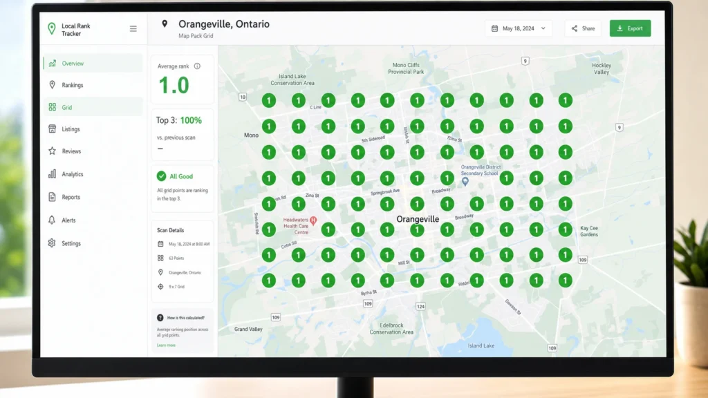 Image showing a map pack grid being number one at local seo.