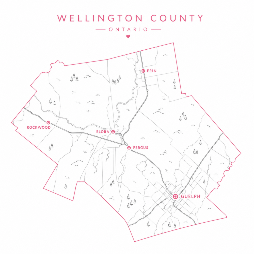llustrated map of Wellington County, Ontario showing Guelph, Fergus, Elora, Rockwood, and Erin — Wild Mango Marketing service area